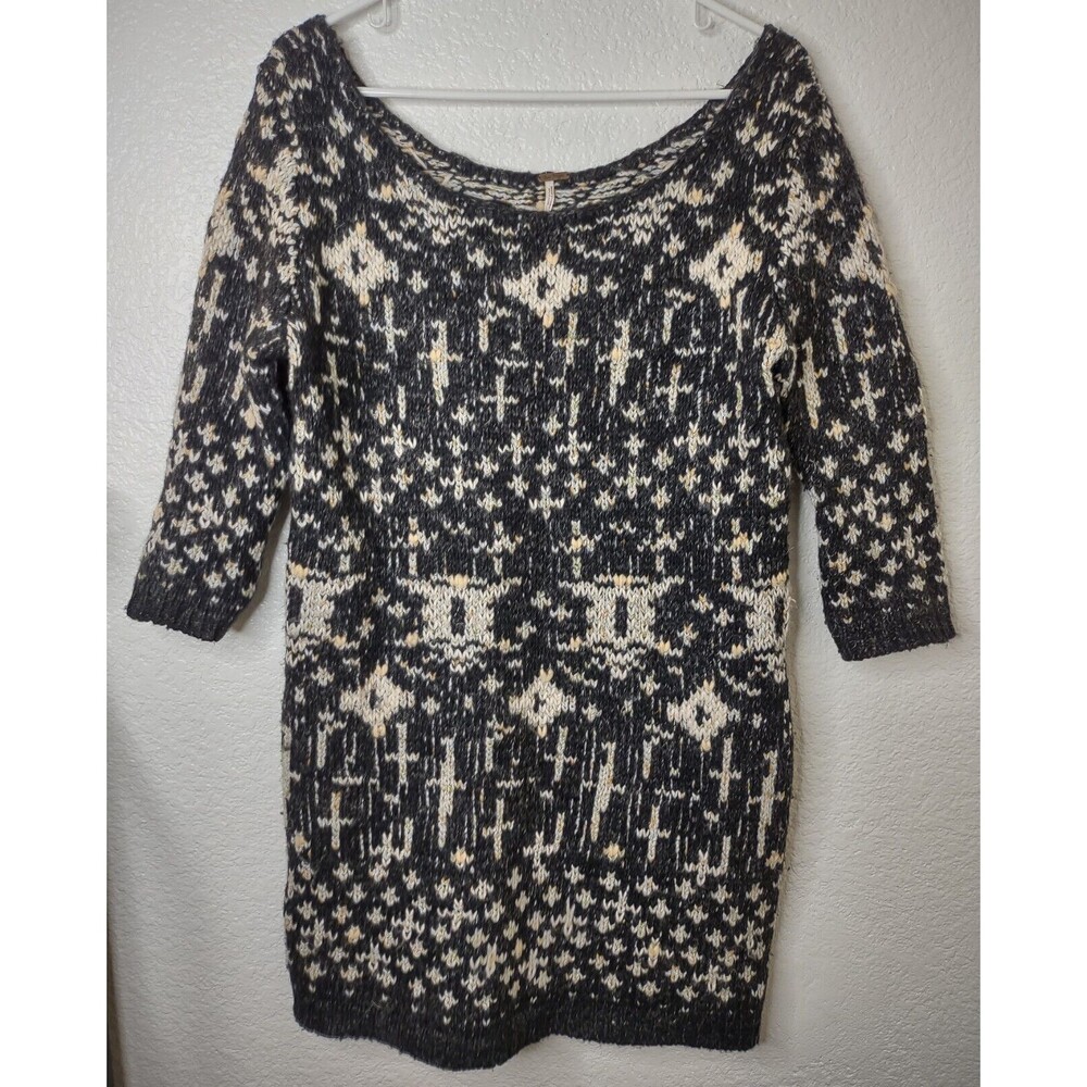 Free People Women Sweater Tunic Size Med Black White Wool Knit 3/4 Sleeve Boat